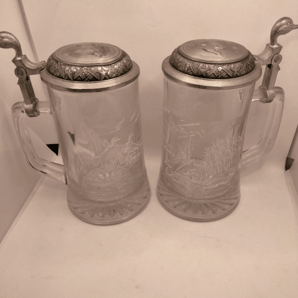 James Meger Etched Glass German Beer Stein DUCKEAGLE  w/ Pewter Duck Head LidSet